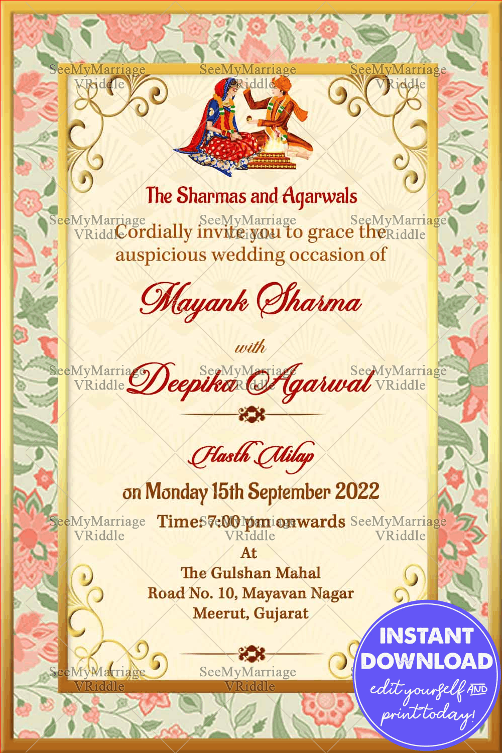 Colorful Floral Theme Gujarati Wedding Invitation Card