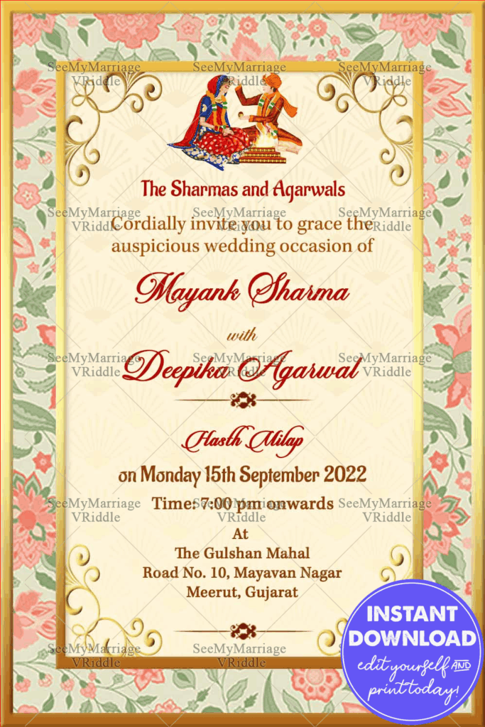 Colorful Floral Theme Gujarati Wedding Invitation Card
