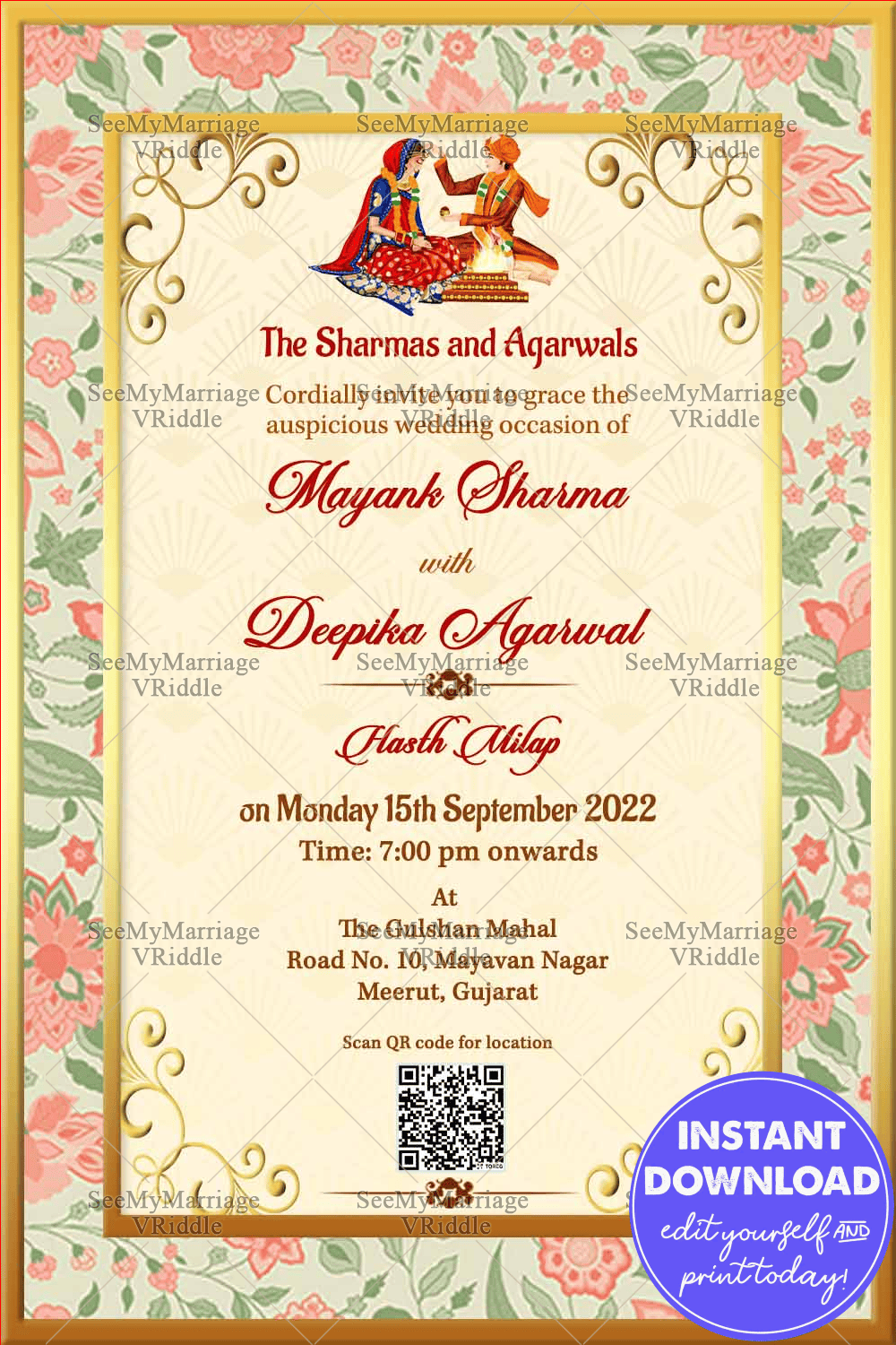 Colorful Floral Theme Gujarati Wedding Invitation Card