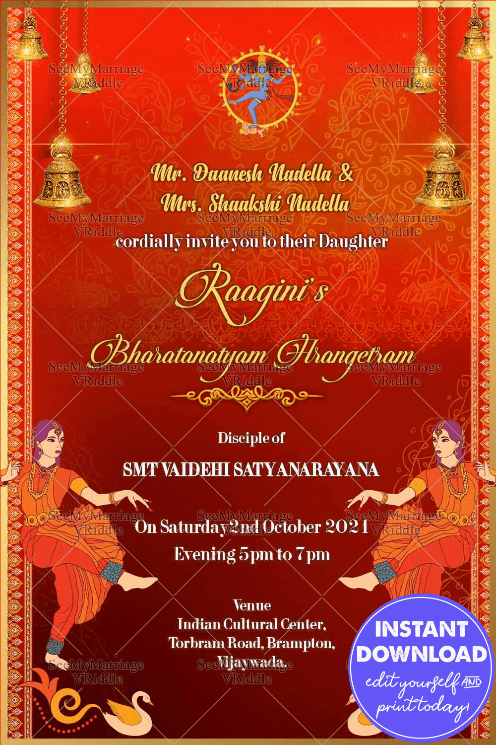 Floral Frame And Mandala Design Arangetram Invitation Card With Red Background Theme