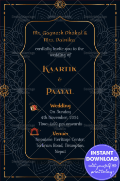Floral Mandala And Navy Blue Theme Nepali Wedding Invitation With Golden Border