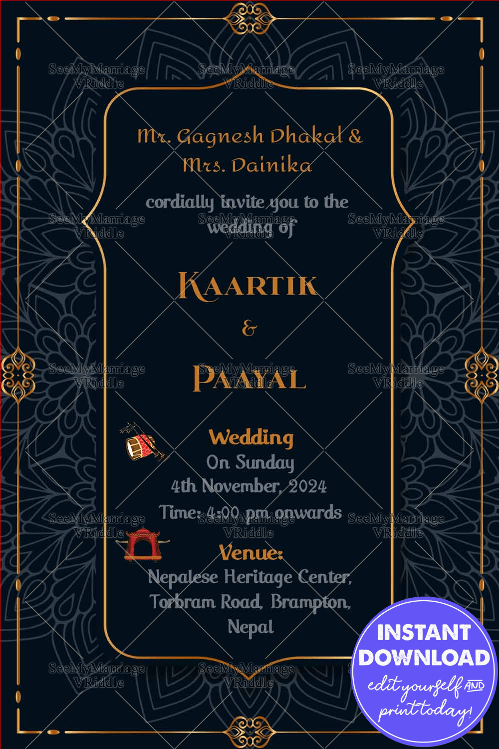 Floral Mandala And Navy Blue Theme Nepali Wedding Invitation With Golden Border