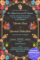 Floral With Golden Frame Gujrati Wedding Card Grey Background Theme