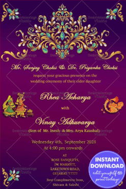 Royal Traditional Design Violet Theme Gujarati Wedding Invitation Card