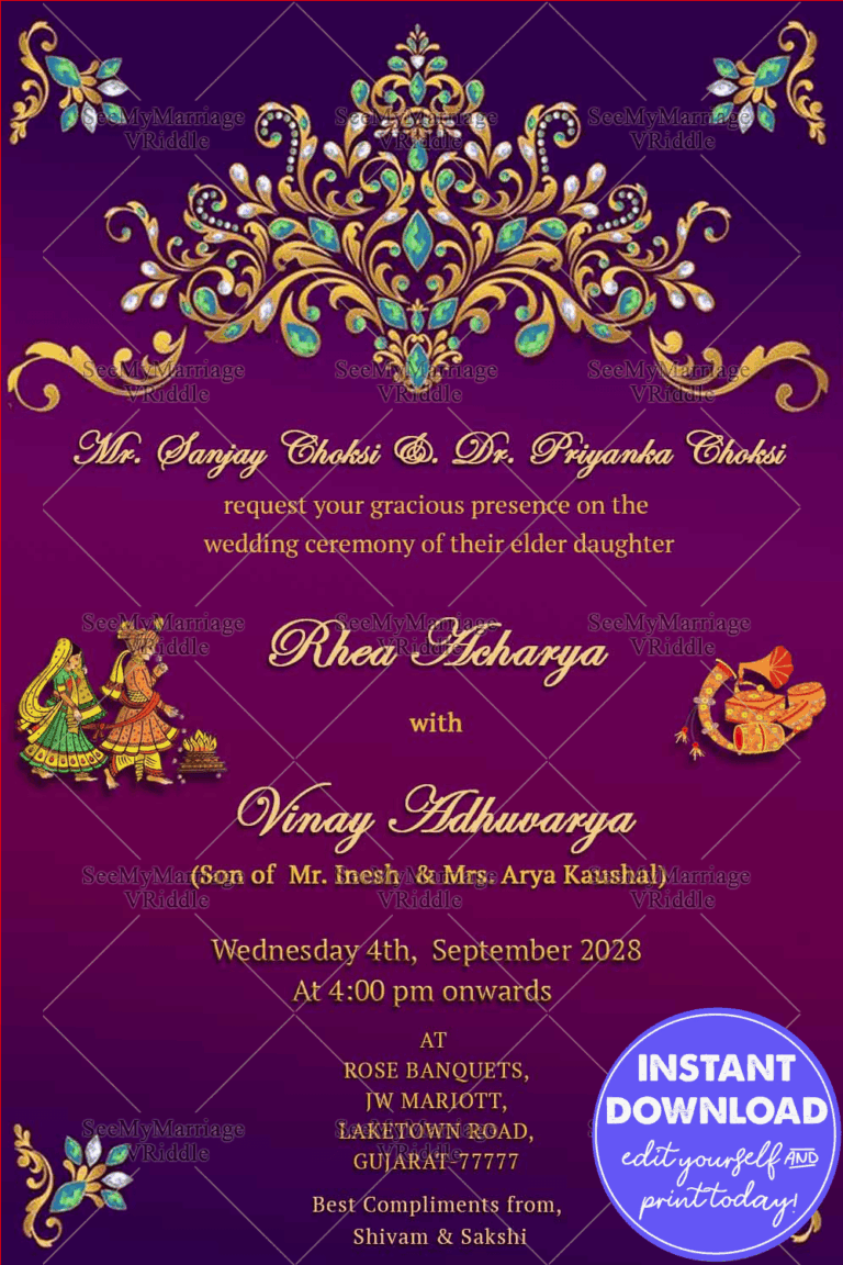 Royal Traditional Design Violet Theme Gujarati Wedding Invitation Card