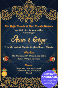 Golden Border Design Nepali Wedding Invitation With Navy Blue Theme