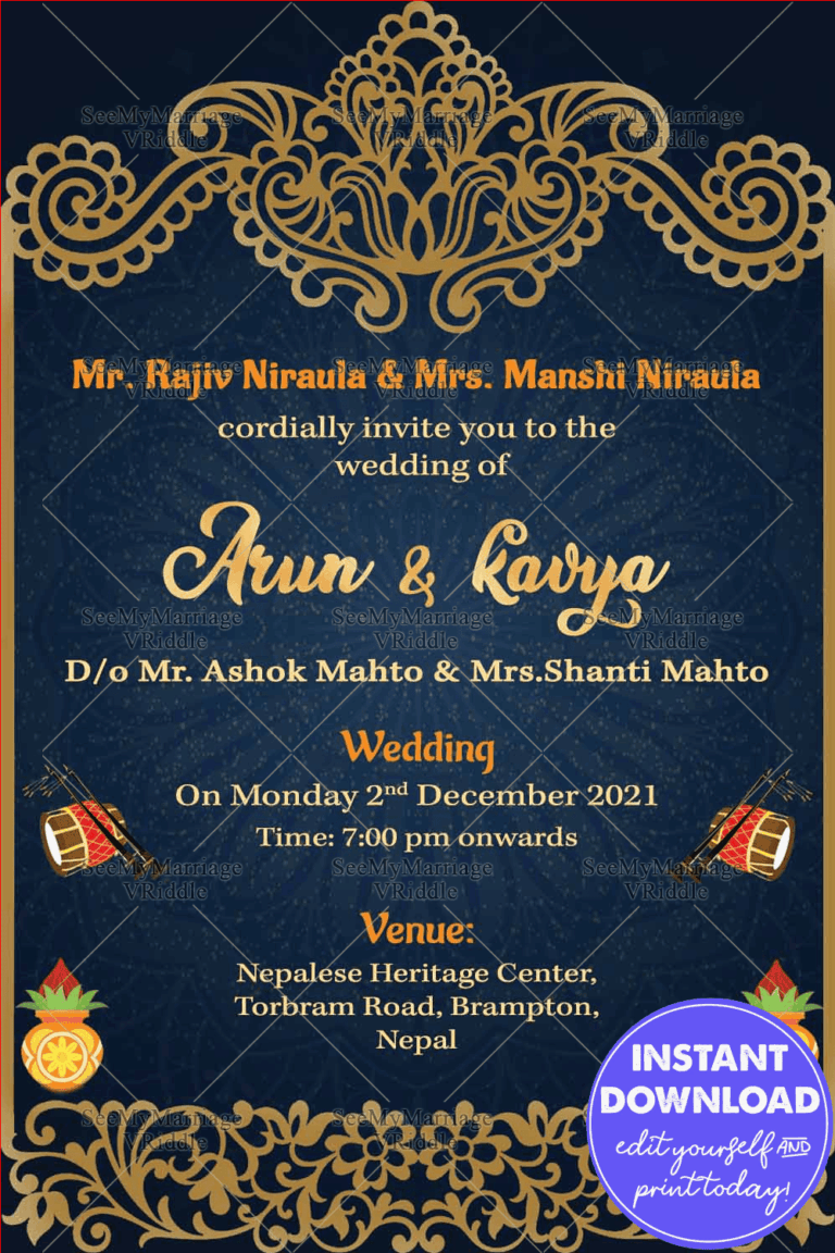 Golden Border Design Nepali Wedding Invitation With Navy Blue Theme