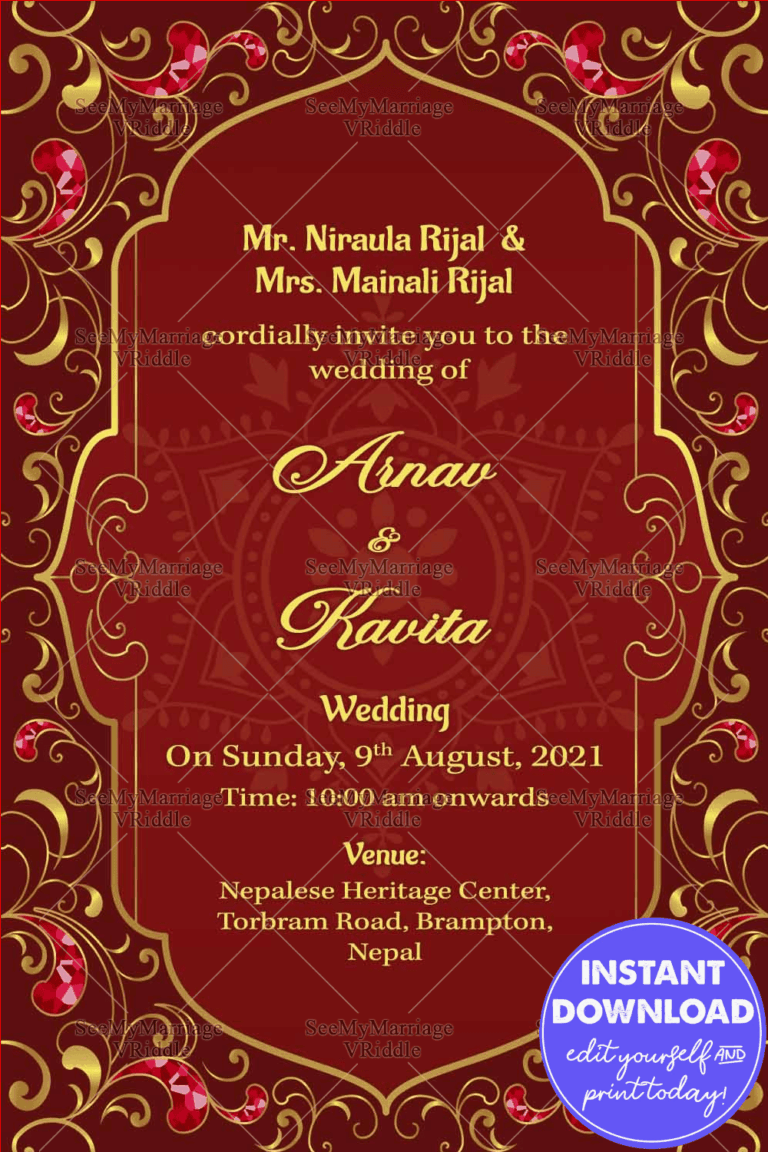 Golden Ornaments Nepali Wedding Invitation Card With Red Theme
