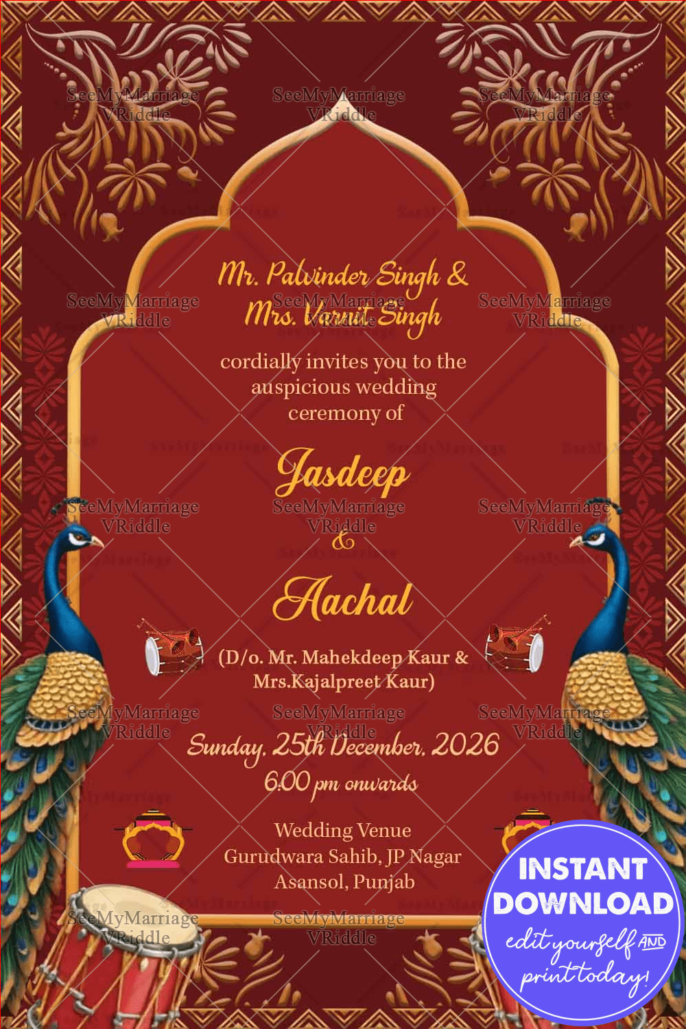 Golden Peacock And Arch Punjabi Wedding Invitation With Red Background Theme