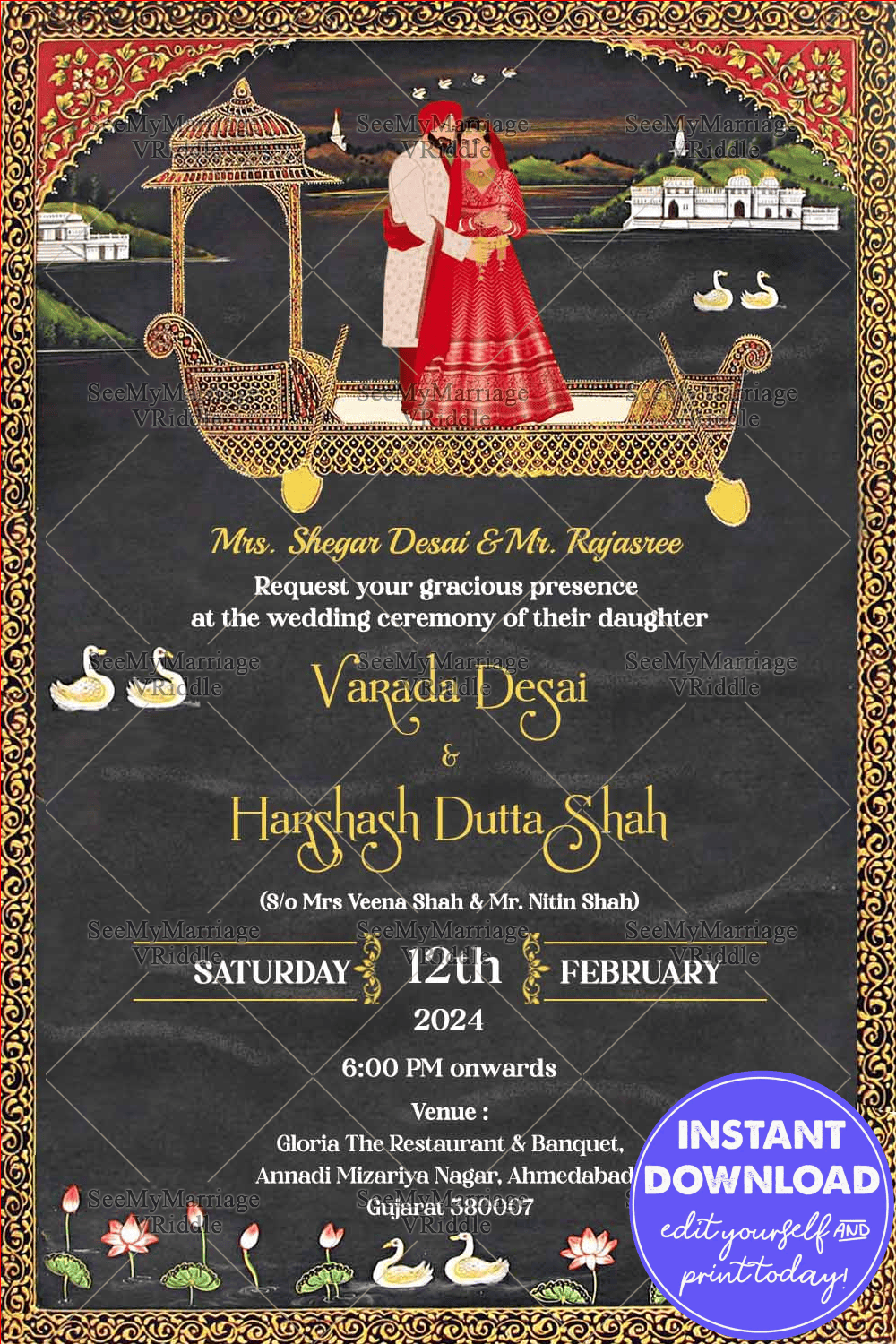 Golden Vintage Arch Theme Punjabi Wedding Invitation Card With Punjabi Couple On Boat