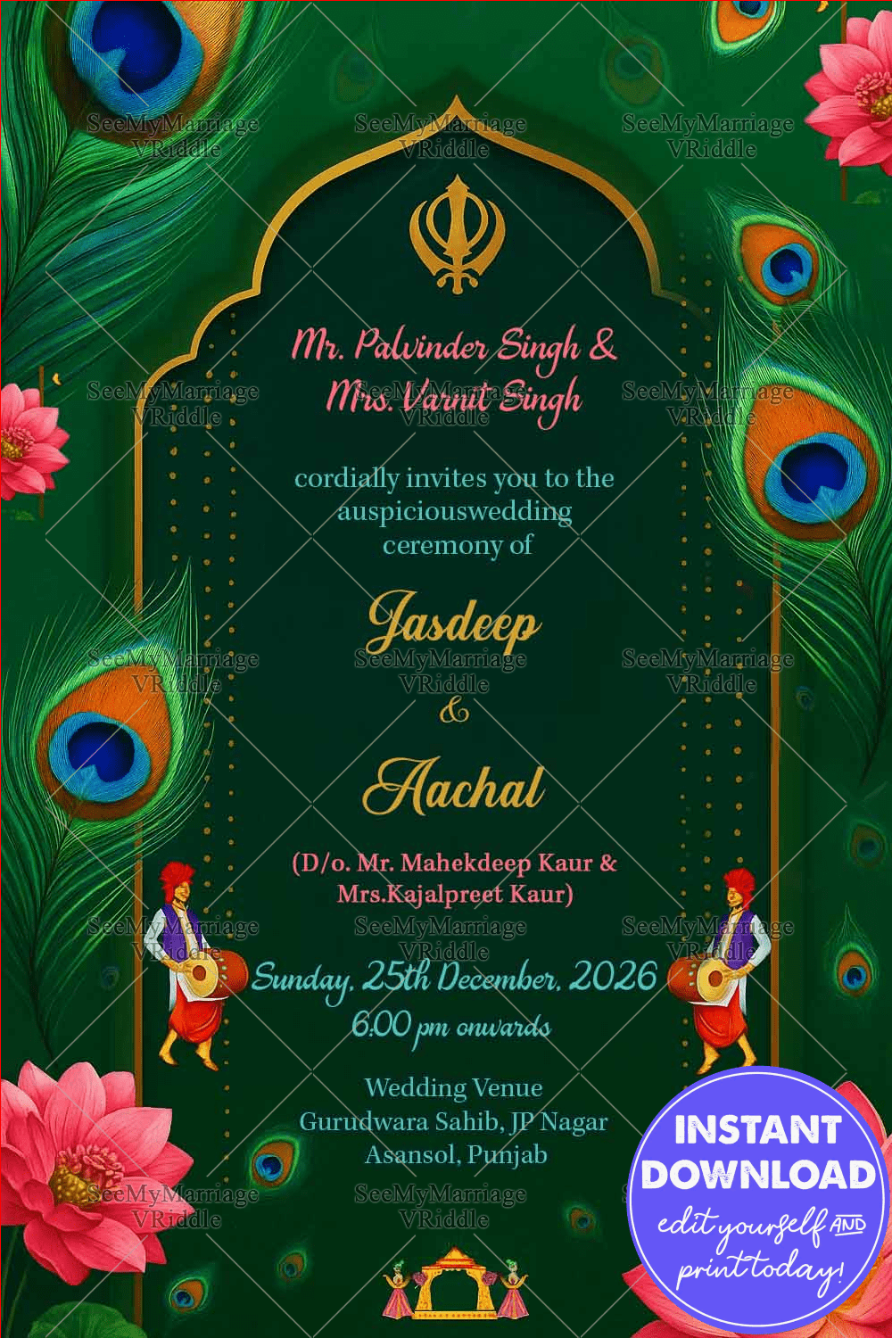 Green Background And Floral Theme Punjabi Wedding Invitation With Golden Arch