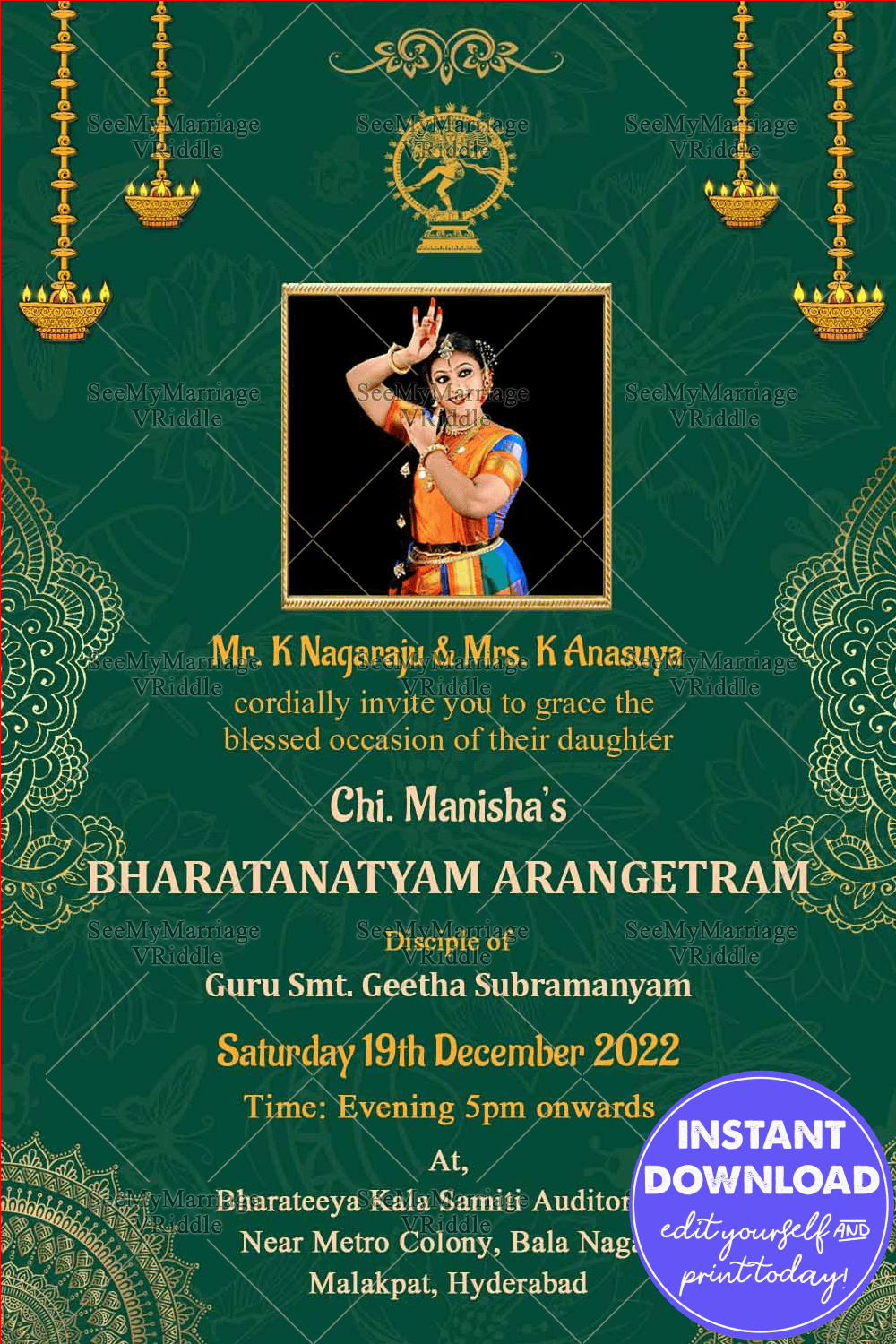 Green Theme Mandala Designed Arangetram Invitation Card