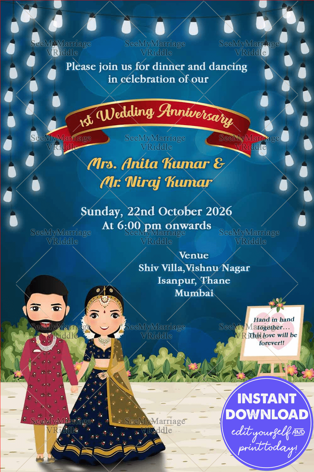 Hanging Bulb And Green Bushes 1st Anniversary Invitation Card