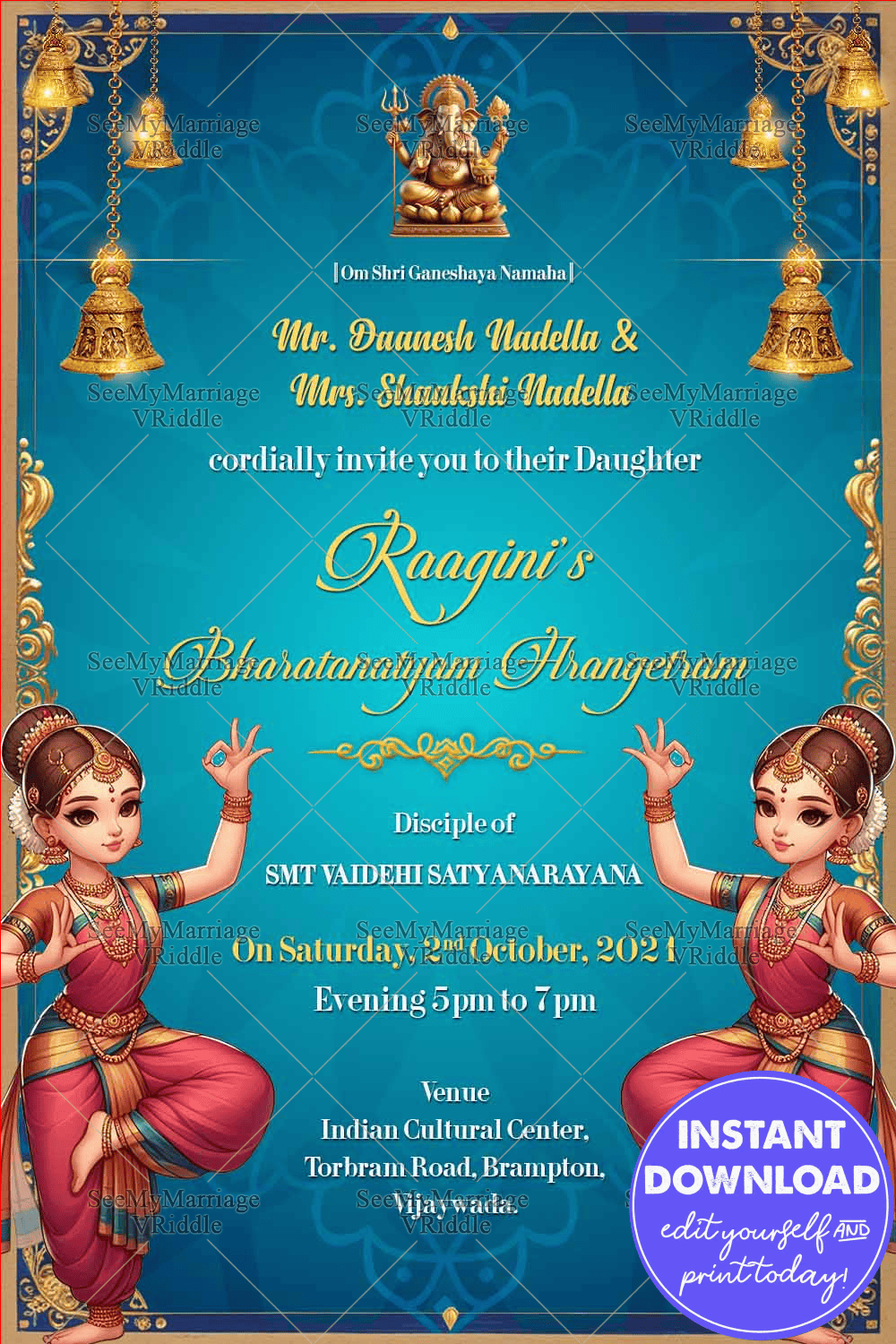 Hanging Diya And Golden Frame Arangetram Invitation Card With Blue Theme