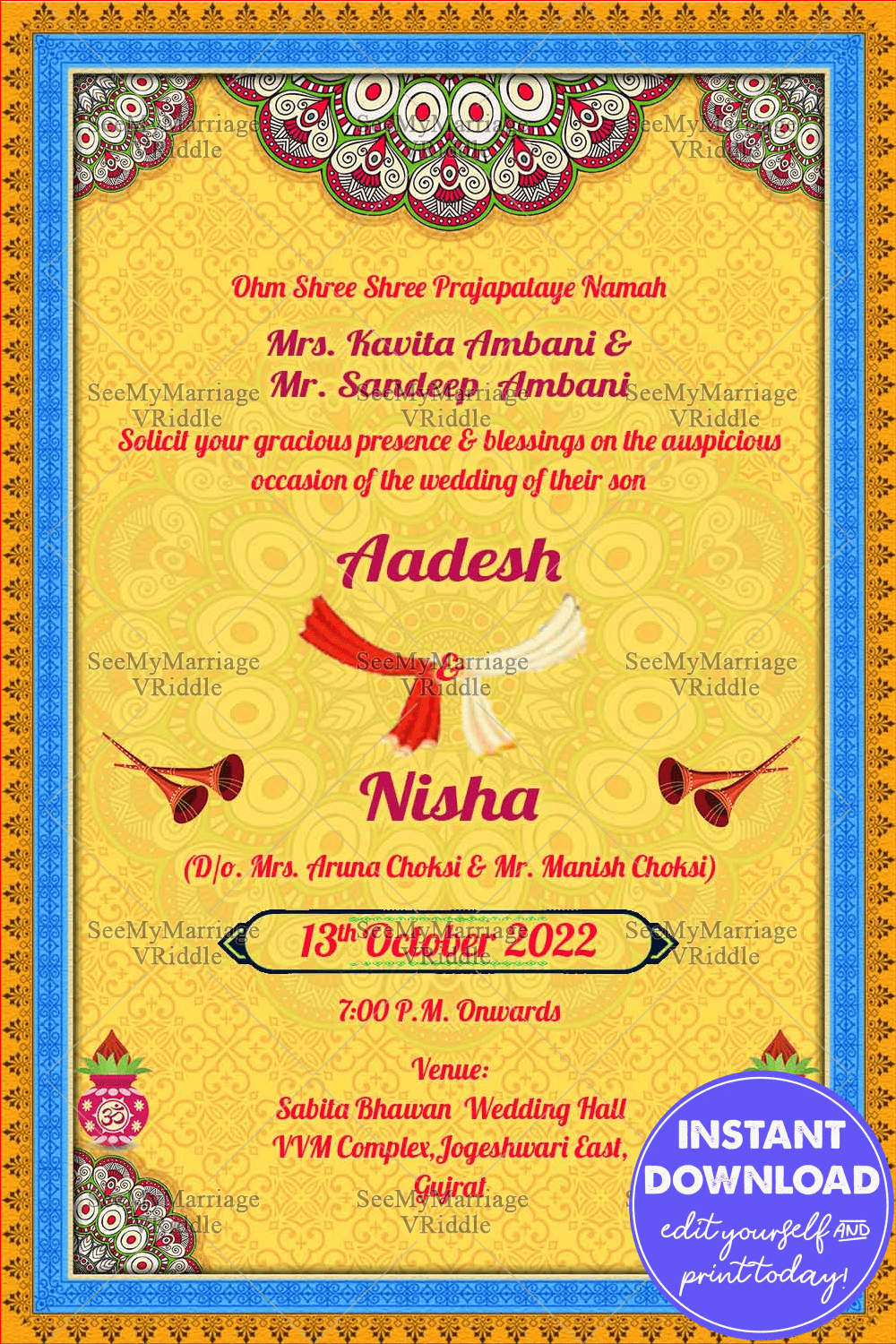 Mandala Design And Blue Frame Odia Wedding Invitation Card With Yellow Background Theme