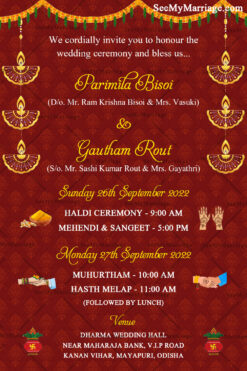 Meroon Theme Traditionally Decorated Oriya Wedding Card With Hanging Diyas