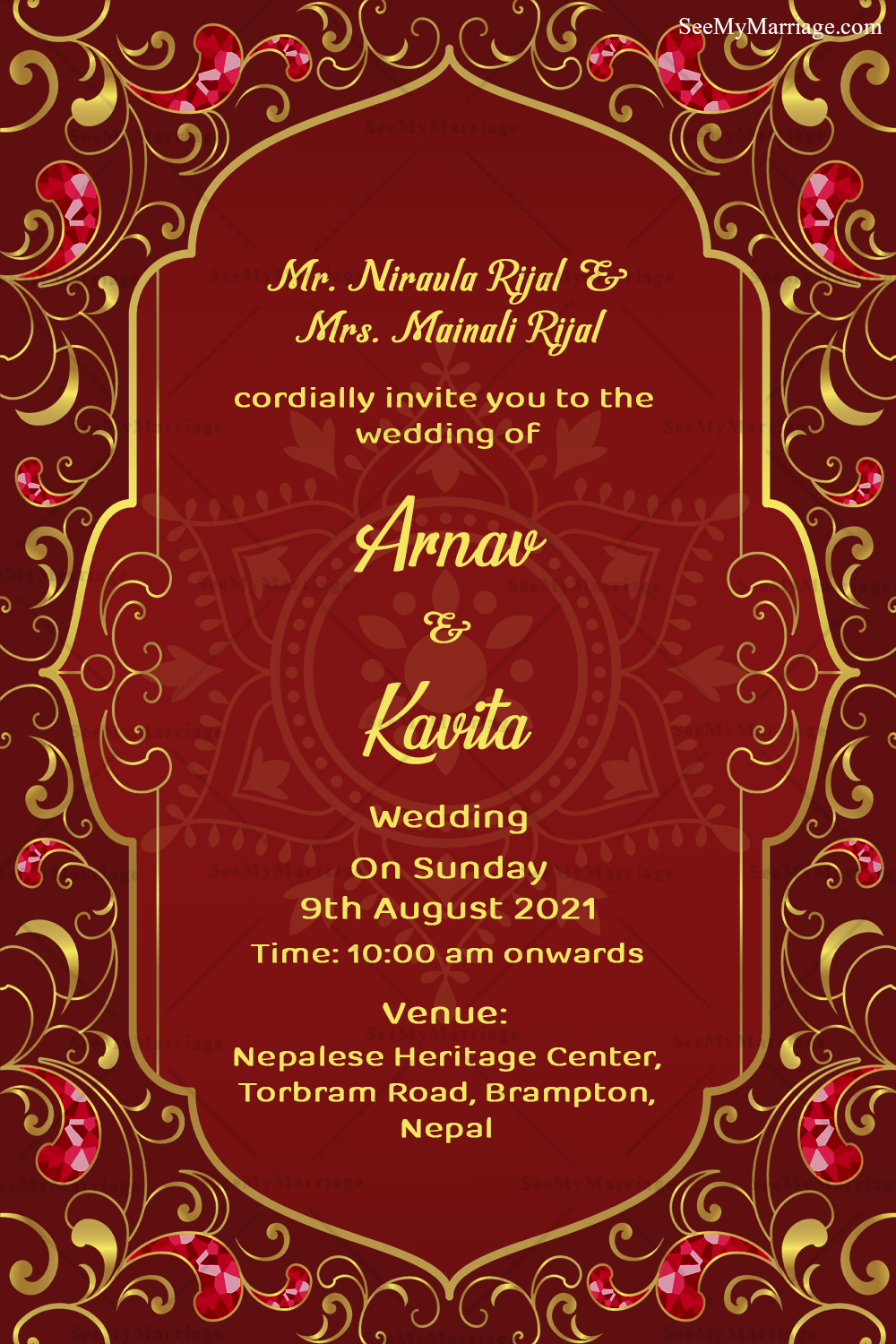 Golden Ornaments Nepali Wedding Invitation Card With Red Theme ...