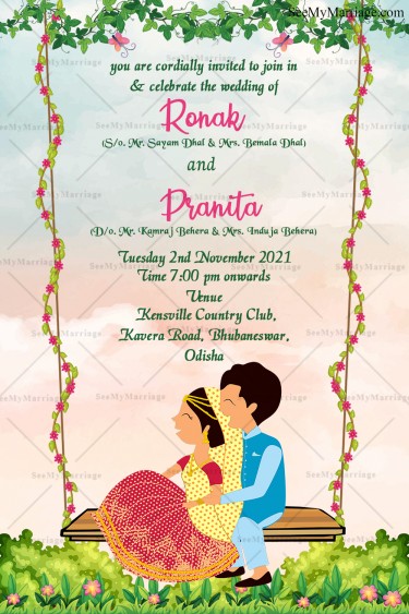 Floral Vine And Swing Odia Wedding Invitation Card With Sky Background ...