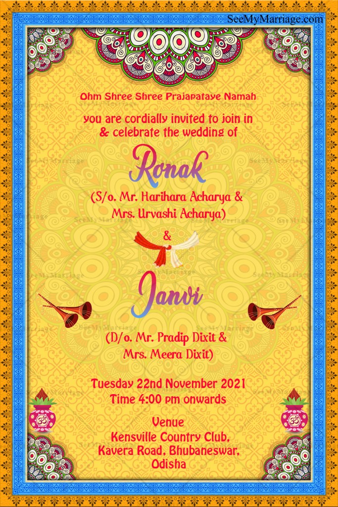 Mandala Design And Blue Frame Odia Wedding Invitation Card With Yellow ...