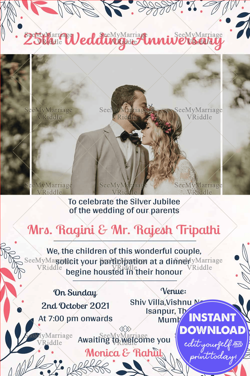 Pink And Blue Leaf Anniversary Invitation Card With Light Pink Background Theme