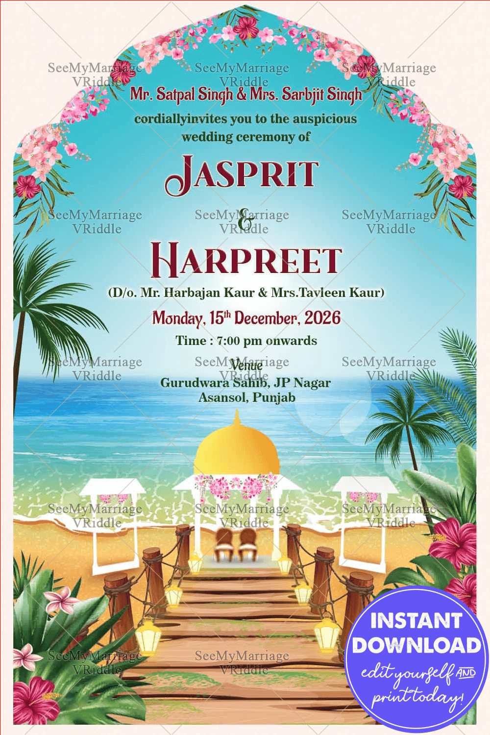 Pink Floral And Beach Theme Punjabi Wedding Invitation With Wooden Bridge