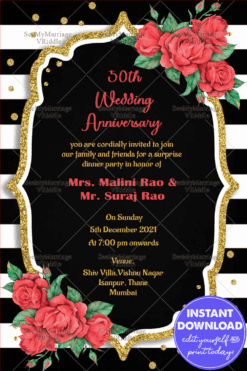Pink Rose With Golden Glitter 50th Anniversary Invitation Card