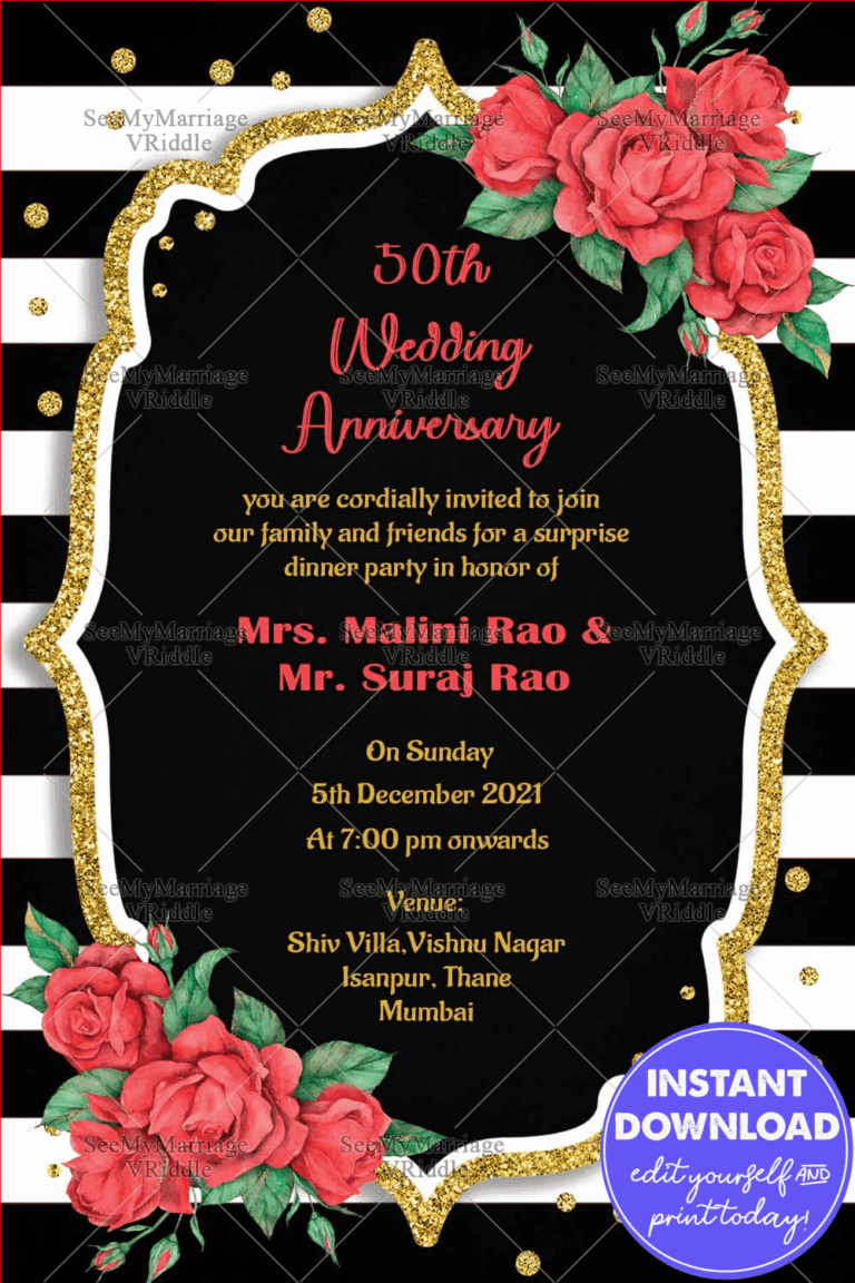 Pink Rose With Golden Glitter 50th Anniversary Invitation Card