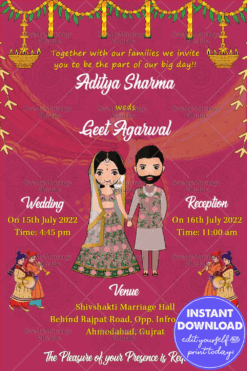 Pink Theme Gujarati Wedding Invitation Card Decorated With Mandala Designs And Wedding Couple