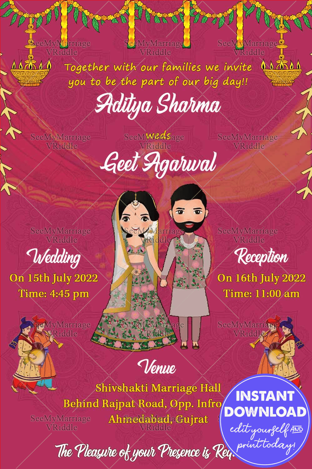 Pink Theme Gujarati Wedding Invitation Card Decorated With Mandala Designs And Wedding Couple