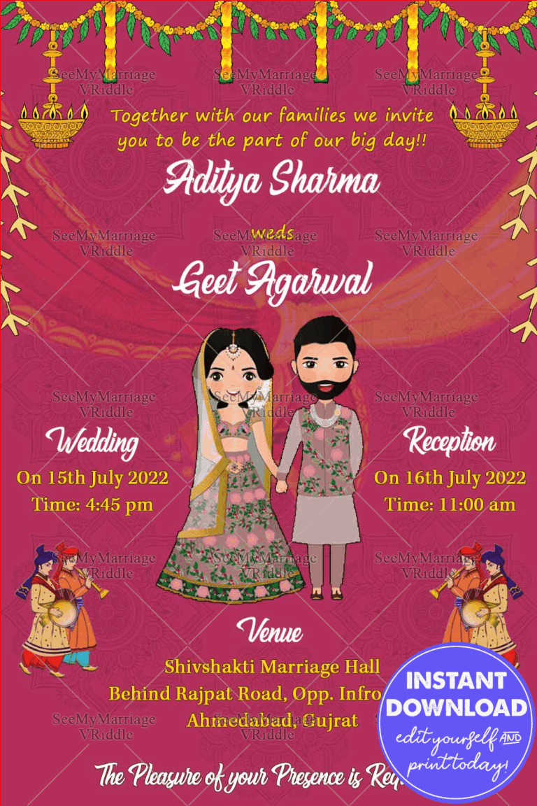 Pink Theme Gujarati Wedding Invitation Card Decorated With Mandala Designs And Wedding Couple