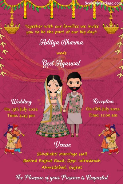 Pink Theme Gujarati Wedding Invitation Card Decorated With Mandala 