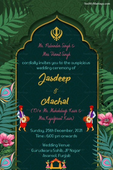 Green Background And Floral Theme Punjabi Wedding Invitation With ...