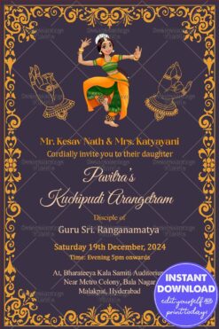 Purple Theme Golden Bordered Arangetram Invitation Card With Dancing Doll Illustrator