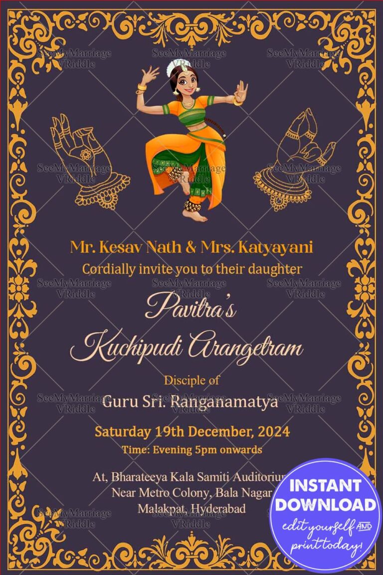 Purple Theme Golden Bordered Arangetram Invitation Card With Dancing Doll Illustrator