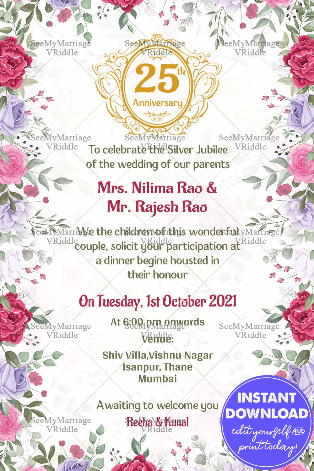 Rose Floral With White Background Theme 25th Anniversary Invitation Card