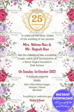 Rose Floral With White Background Theme 25th Anniversary Invitation Card