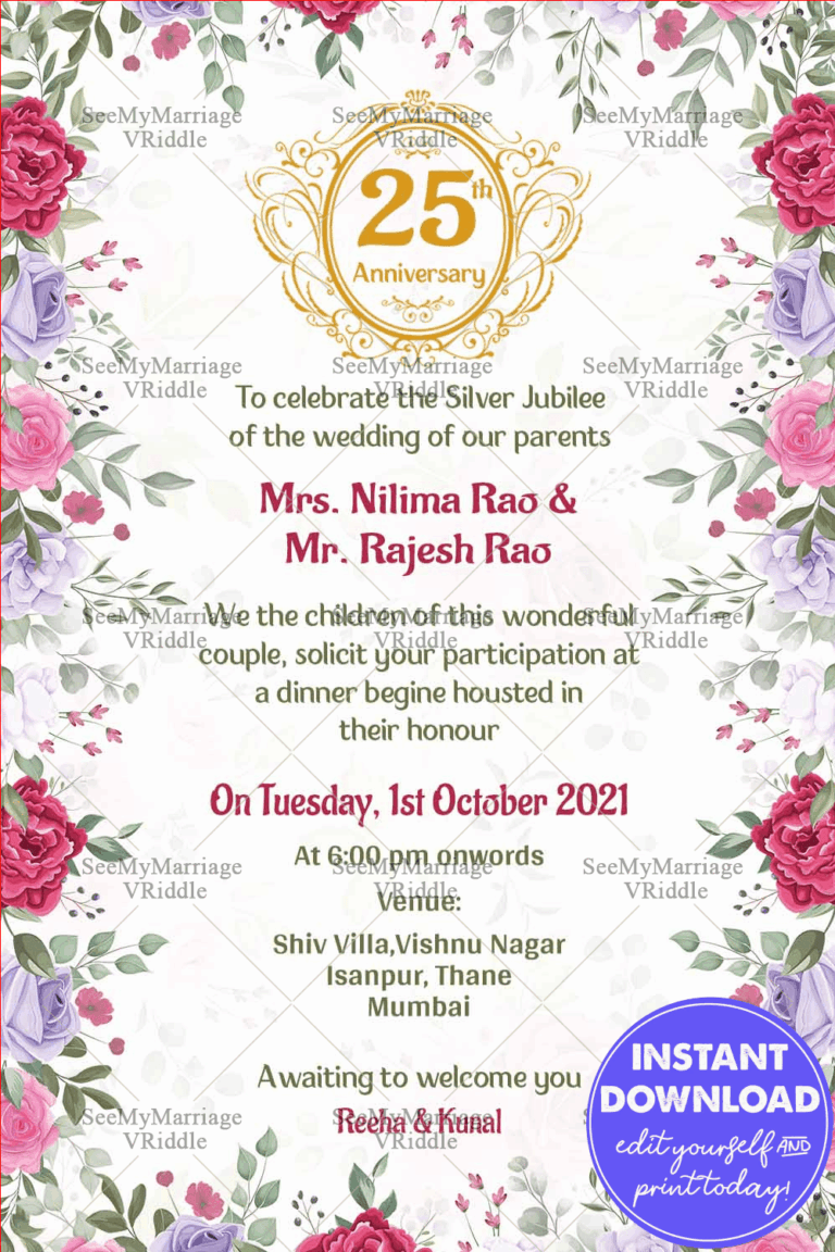 Rose Floral With White Background Theme 25th Anniversary Invitation Card