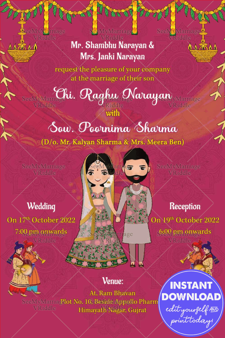 Royal Pink Theme Gujarati Wedding Invitation Card Decorated With Mandala Designs
