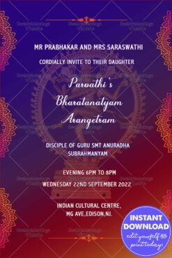Simple Design Red & Blue Theme Arangetram Invitation Card