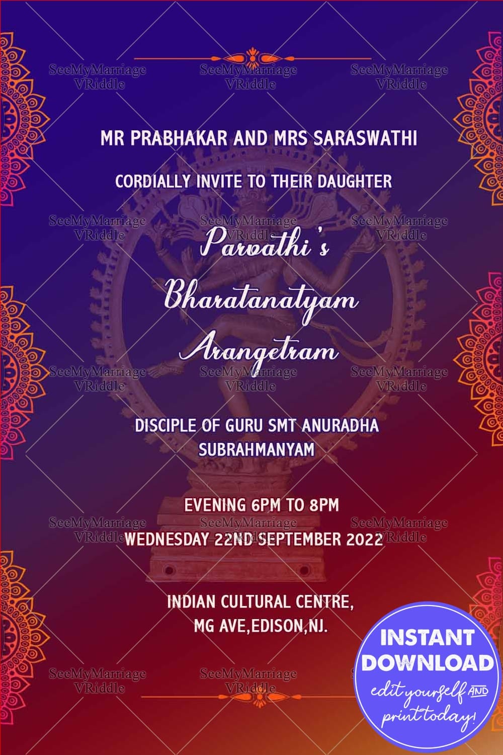 Simple Design Red & Blue Theme Arangetram Invitation Card