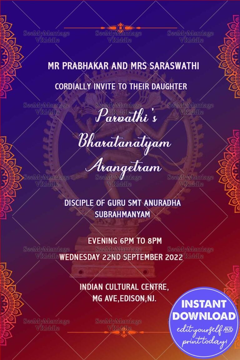 Simple Design Red & Blue Theme Arangetram Invitation Card