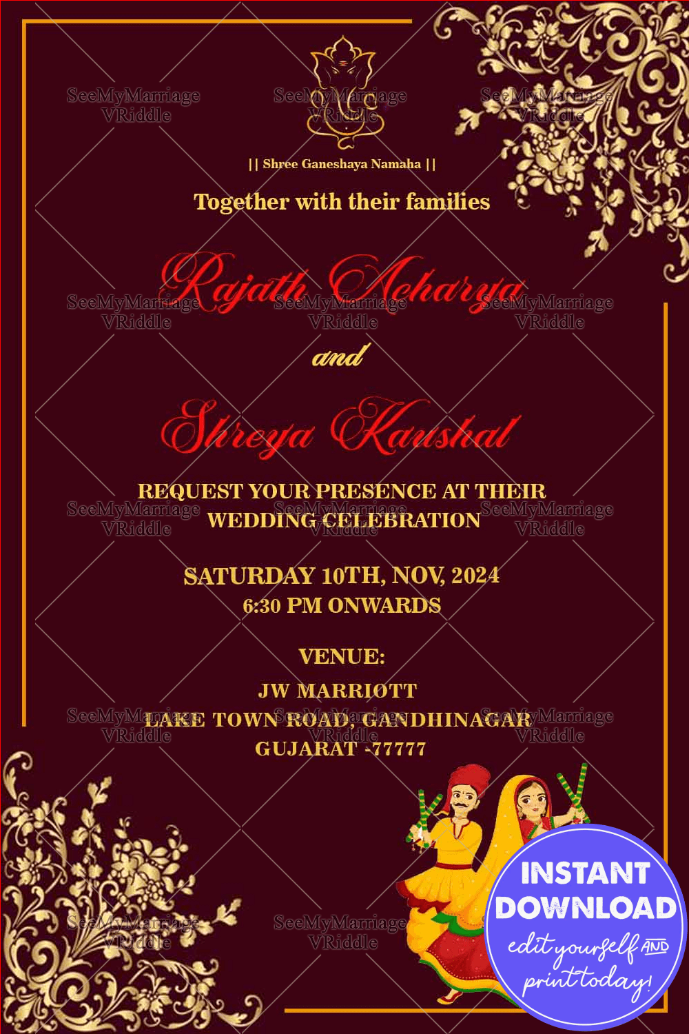 Simple Floral Background Design Maroon Theme Gujarati Wedding Invitation Card