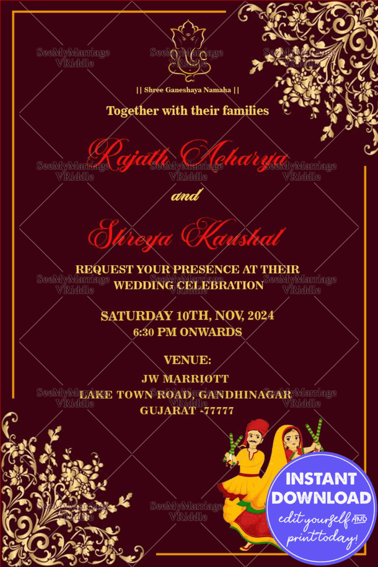 Simple Floral Background Design Maroon Theme Gujarati Wedding Invitation Card