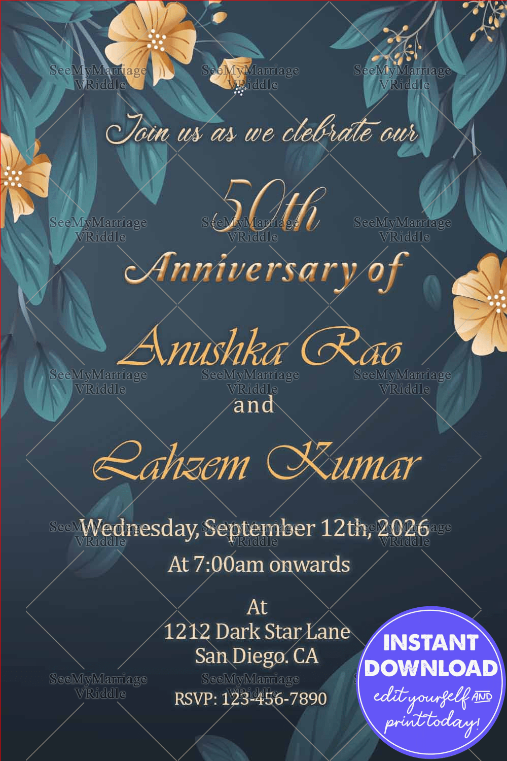Simple Floral Leaves & Flowers Blue Theme Anniversary Invitation Card
