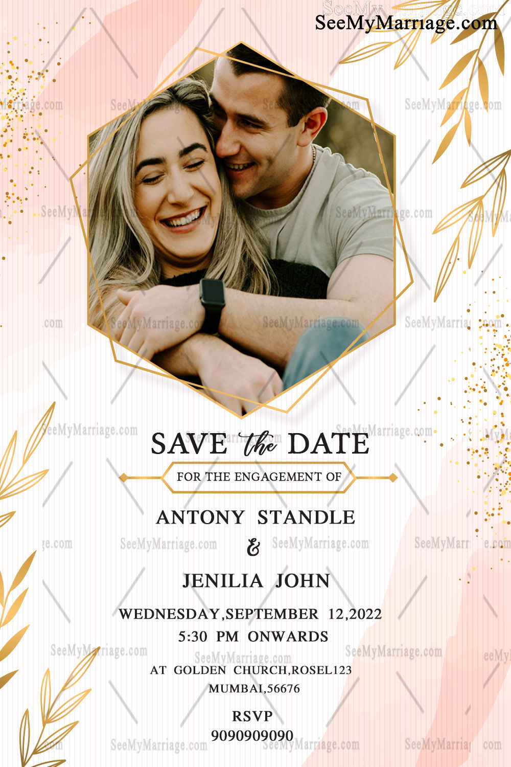 Simple Floral Leaves Theme Engagement Invitation Card