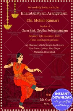 Simple Meroon Theme Arangetram Invitation Card With Dancing Illustration