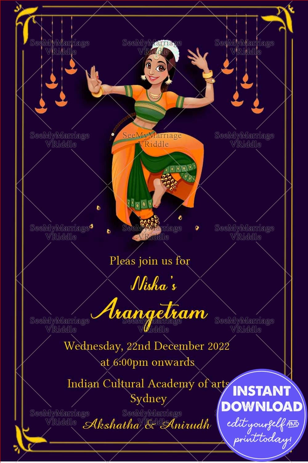 Simple Persian Blur Theme Arangetram Invitation Card
