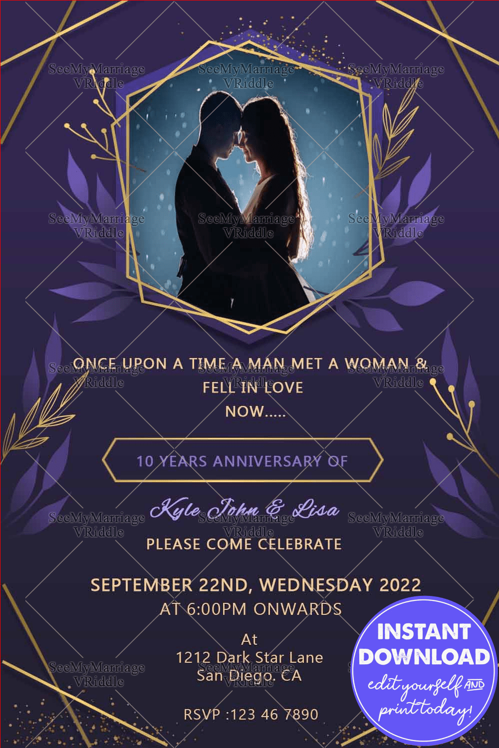 Simple Purple & Gold Floral Leaves Theme Anniversary Invitation Card