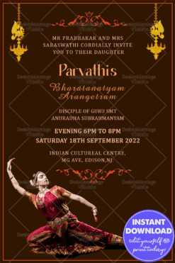 Simple Traditional Brown Theme Arangetram Invitation Card