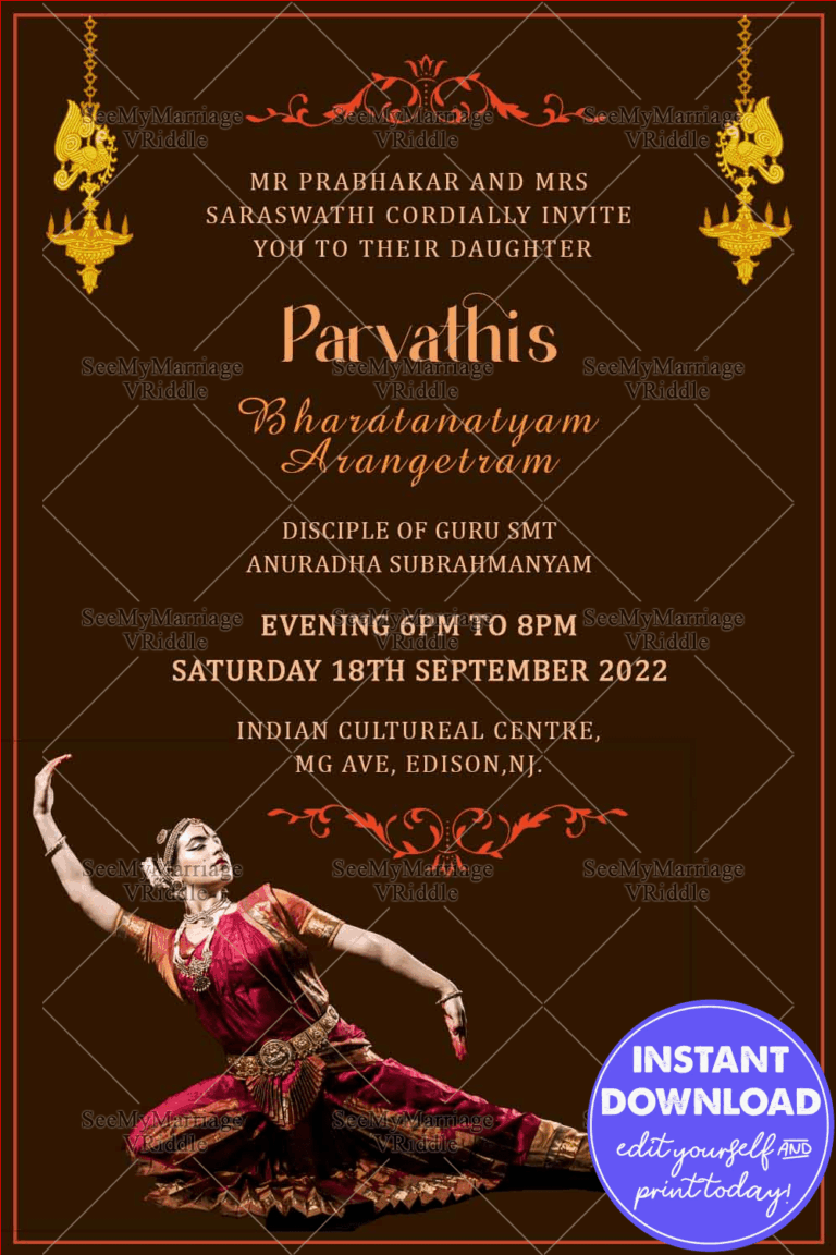Simple Traditional Brown Theme Arangetram Invitation Card